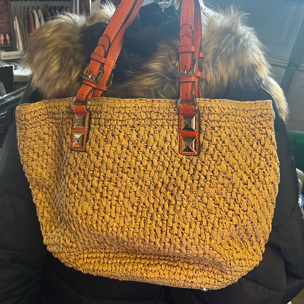 Michael Kors Orange Leather Straw Tote Bag - Picture 3 of 3